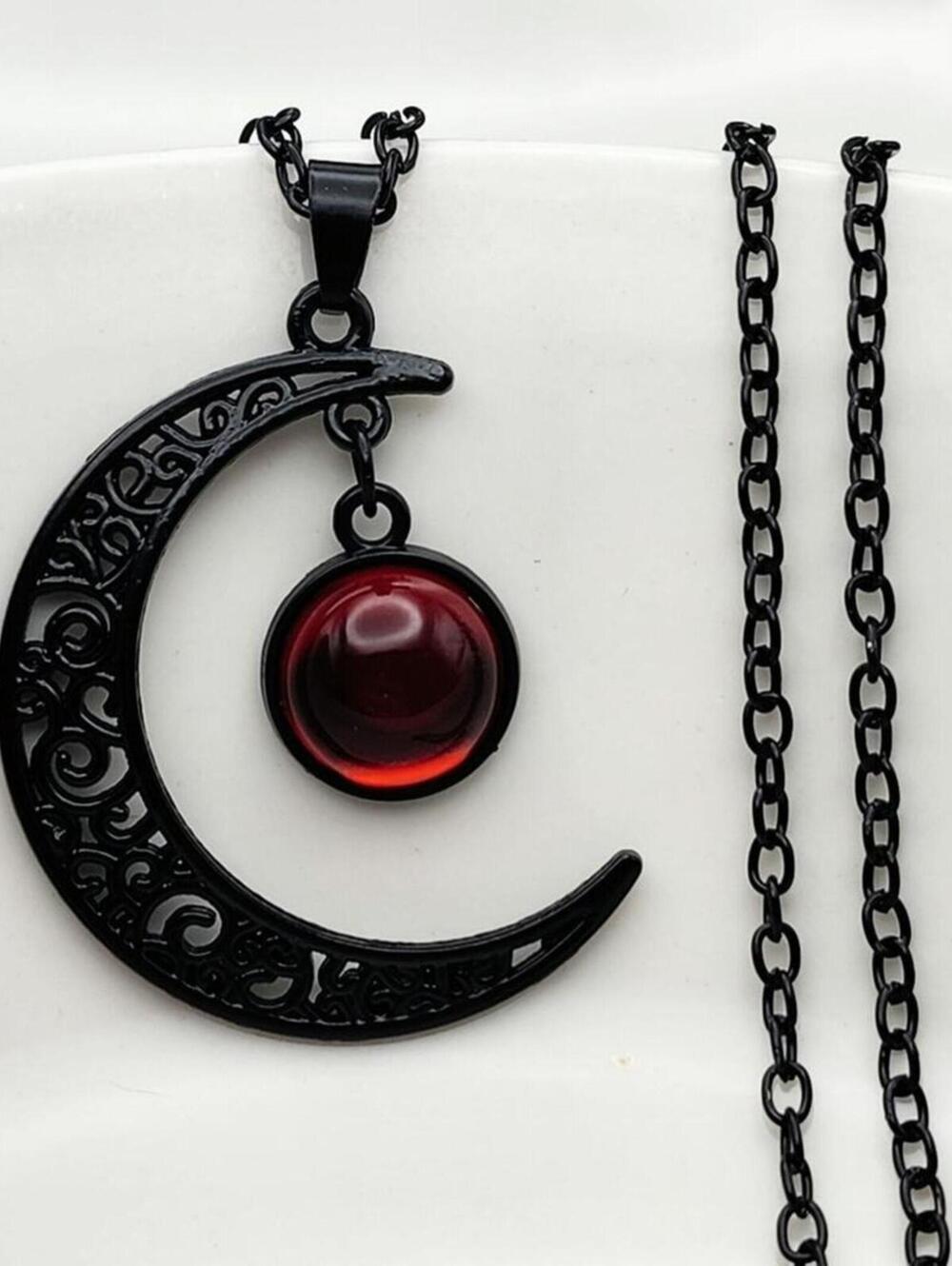 Crimson Orbit Black Crescent Moon Blood Red Jewel Necklace